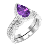9X6 MM Pear Cubic Zirconia and 0.78 Carat (ctw) White Diamond Halo Wedding Ring Set for Women | 925 Sterling Silver