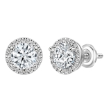 925 Sterling Silver Halo Stud Earrings, 1.12 CT Round Cubic Zirconia in Screw Back