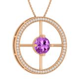 8 MM Round Solitaire Amethyst & Round White Diamond Wheel Style Circle Pendant for Women | 18K White Gold