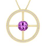 8 MM Round Solitaire Amethyst & Round White Diamond Wheel Style Circle Pendant for Women | 14K White Gold
