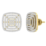 Round White Diamond Three Layered Framed Cushion Cluster Style Screw Back Stud Earrings for Women (0.80 ctw Color I-J Clarity I1-I2) | 14K Yellow Gold