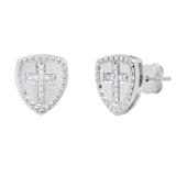 Round White Diamond Knight Shield with Faith Cross Shaped Pushback Stud Earrings for Women (0.04 ctw, Color I-J, Clarity I2-I3) | 925 Sterling Silver