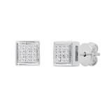 Round White Diamond Mini Square Cluster Ice Cube Shape Pushback Stud Earrings for Her (0.05 ctw Color I-J Clarity I1-I2) | 14K White Gold
