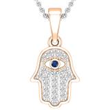 Round Blue Sapphire & 0.09 ctw White Diamond Hamsa Hand Evil Eye Charm Pendant For Her | 14K Rose Gold