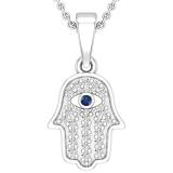 Round Blue Sapphire & 0.09 ctw White Diamond Hamsa Hand Evil Eye Charm Pendant For Her | 925 Sterling Silver