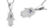 Round Blue Sapphire & 0.09 ctw White Diamond Hamsa Hand Evil Eye Charm Pendant For Her | 925 Sterling Silver