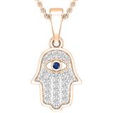 Round Blue Sapphire & 0.09 ctw White Diamond Hamsa Hand Evil Eye Charm Pendant For Women | 18K Rose Gold