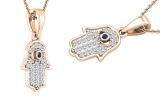 Round Blue Sapphire & 0.09 ctw White Diamond Hamsa Hand Evil Eye Charm Pendant For Women | 18K Rose Gold