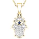 Round Blue Sapphire & 0.09 ctw White Diamond Hamsa Hand Evil Eye Charm Pendant For Women | 18K Yellow Gold