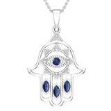 Round & Marquise Blue Sapphire & Round White Diamond Hamsa Evil Eye Pendant for Her | 14K White Gold