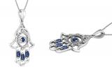 Round & Marquise Blue Sapphire & Round White Diamond Hamsa Evil Eye Pendant for Her | 14K White Gold