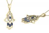 Round & Marquise Blue Sapphire & Round White Diamond Hamsa Evil Eye Pendant for Her | 18K Yellow Gold