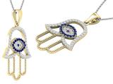 Round White & Blue Cubic Zirconia Hand of Fatima Evil Eye Pendant with 18 Inch Silver Chain for Women | 18K Yellow Gold