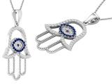 Round White & Blue Cubic Zirconia Hand of Fatima Evil Eye Pendant with 18 Inch Silver Chain for Women | 925 Sterling Silver
