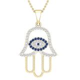 Round White & Blue Cubic Zirconia Hand of Fatima Evil Eye Pendant with 18 Inch Gold Chain for Women | 10K Yellow Gold