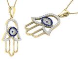 Round White & Blue Cubic Zirconia Hand of Fatima Evil Eye Pendant with 18 Inch Gold Chain for Women | 10K Yellow Gold