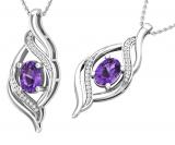 7X5mm Oval Amethyst and Round Diamond Twist Flame Pendant for Women with 18 Inch Silver Chain | 925 Sterling Silver
