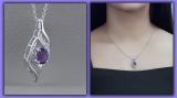 7X5mm Oval Amethyst and Round Diamond Twist Flame Pendant for Women with 18 Inch Silver Chain | 925 Sterling Silver