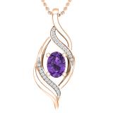 7X5mm Oval Amethyst and Round Diamond Twist Flame Pendant for her with 18 Inch Gold Chain | 14K Rose Gold