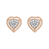 0.10 Carat (Ctw) Round Diamond Ladies Double Heart Frame Stud Earrings 1/10 CT | 14K Rose Gold