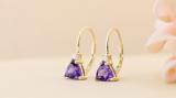 Trillion Concave Shaped Amethyst & Round White Diamond Ladies Hoop Earrings 14K Yellow Gold