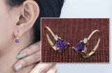 Trillion Concave Shaped Amethyst & Round White Diamond Ladies Hoop Earrings 14K Yellow Gold