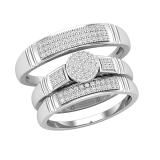 White Diamond Round Shape Cluster Head Ribbed Shank Matching Trio Bridal Engagement Ring Set for Couple (0.33 ctw Color I-J Clarity I2-I3) 925 Sterling Silver