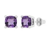 Cushion Amethyst Ladies Push Back Solitaire Stud Earrings (Color Purple Clarity Moderately Included) | 14K White Gold
