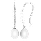 8mm Oval Cultured Freshwater Pearl & 0.18 Carat (ctw) Round White Diamond Single String Dangle Drop Earrings for Women | 14K White Gold