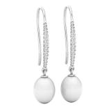 8mm Oval Cultured Freshwater Pearl & 0.18 Carat (ctw) Round White Diamond Single String Dangle Drop Earrings for Women | 14K White Gold
