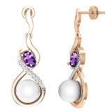 8mm Round Cultured Freshwater Pearl & 6X4mm Oval Amethyst with 0.17 ct. Round White Diamond Screw Back Infinity Loop Dangle Earrings for Women, 18K Rose Gold