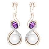 8mm Round Cultured Freshwater Pearl & 6X4mm Oval Amethyst with 0.17 ct. Round White Diamond Screw Back Infinity Loop Dangle Earrings for Women, 18K Rose Gold