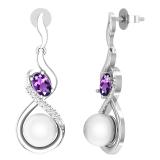 8mm Round Cultured Freshwater Pearl & 6X4mm Oval Amethyst with 0.17 ct. Round White Diamond Push Back Infinity Loop Dangle Earrings for Women, 925 Sterling Silver