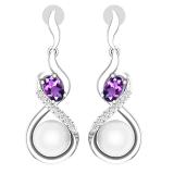 8mm Round Cultured Freshwater Pearl & 6X4mm Oval Amethyst with 0.17 ct. Round White Diamond Push Back Infinity Loop Dangle Earrings for Women, 925 Sterling Silver