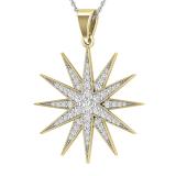Round White Diamond Contemporary Double Starburst Pendant Necklace with 18 Inch Silver Chain for Women (0.45 ctw, Color I-J, Clarity I1-I2) | 18K Yellow Gold