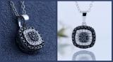 0.35 Carat (ctw) Round Black & White Diamond Alternating Double Cushion Frame Cluster Pendant for Her | 10K White Gold