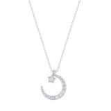 Round White Diamond Three Stone Half Cresent Moon With Tiny Star Pendant for Her (0.10 ctw, Color I-J, Clarity I2-I3) in 925 Sterling Silver
