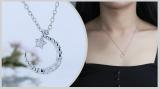 Round White Diamond Three Stone Half Cresent Moon With Tiny Star Pendant for Her (0.10 ctw, Color I-J, Clarity I2-I3) in 925 Sterling Silver