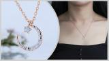 Round White Diamond Three Stone Half Cresent Moon With Tiny Star Pendant for Her (0.10 ctw, Color I-J, Clarity I1-I2) in 14K Rose Gold