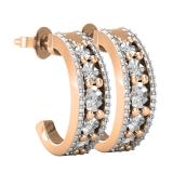 Round White Diamond Center Row and Beaded Outer Ribbons Modish J Shape Pushback Hoop Earrings for Her (0.10 ctw, Color I-J, Clarity I1-I2) | 14K Rose Gold