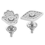Pair of Hamsa Hand of Fatima and Evil Eye Studded With Round White Diamond Screw Back Earrings for Women (0.22 ctw, Color I-J, Clarity I2-I3) | 925 Sterling Silver
