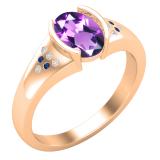 8X6mm Oval Amethyst Accented with Round White Diamond & Blue Sapphire Engagement Ring for Women in 18K Rose Gold