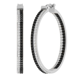 1.85 Carat (ctw) Round Black & White Diamond Halfway Double Row Inside Out Hinged Huggie Hoop Earrings for Women in 14K White Gold