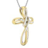 Round & Baguette White Diamond Intertwined Infinity Cross Pendant for Women with 18 Inch Silver Chain (0.26 ctw, Color I-J, Clarity I1-I2) in 14K Yellow Gold