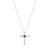 5X5mm Heart Amethyst & Round White Diamond Religious Cross Pendant with 18 inch Silver Chain for Women in 18K Rose Gold