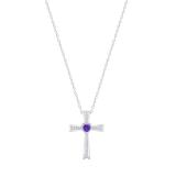 5X5mm Heart Amethyst & Round White Diamond Religious Cross Pendant with 18 inch Silver Chain for Women in 925 Sterling Silver