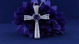 5X5mm Heart Amethyst & Round White Diamond Religious Cross Pendant with 18 inch Silver Chain for Women in 925 Sterling Silver