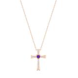 5X5mm Heart Amethyst & Round White Diamond Religious Cross Pendant with 18 inch Gold Chain for Women in 18K Rose Gold