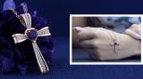5X5mm Heart Amethyst & Round White Diamond Religious Cross Pendant with 18 inch Gold Chain for Women in 18K Rose Gold
