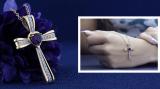5X5mm Heart Amethyst & Round White Diamond Religious Cross Pendant with 18 inch Gold Chain for Women in 18K Yellow Gold